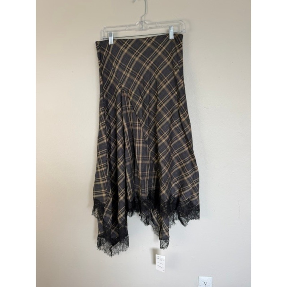 Indefeir Plaid Lace Trim Asymmetrical Midi Skirt Brown Grey Grunge Punk Size M